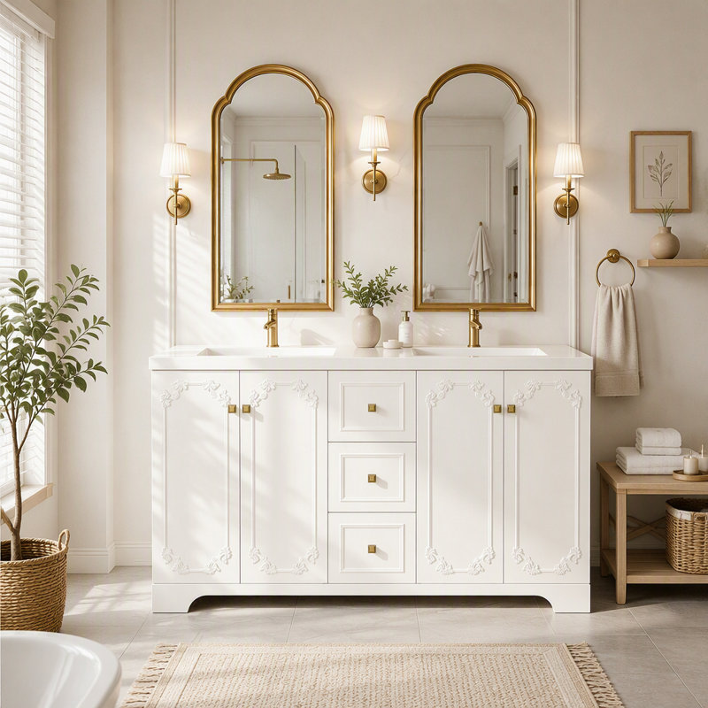 Meuble-lavabo de 60 po de style français, blanc pour rangement de salle de bain, Blanc, Blanc