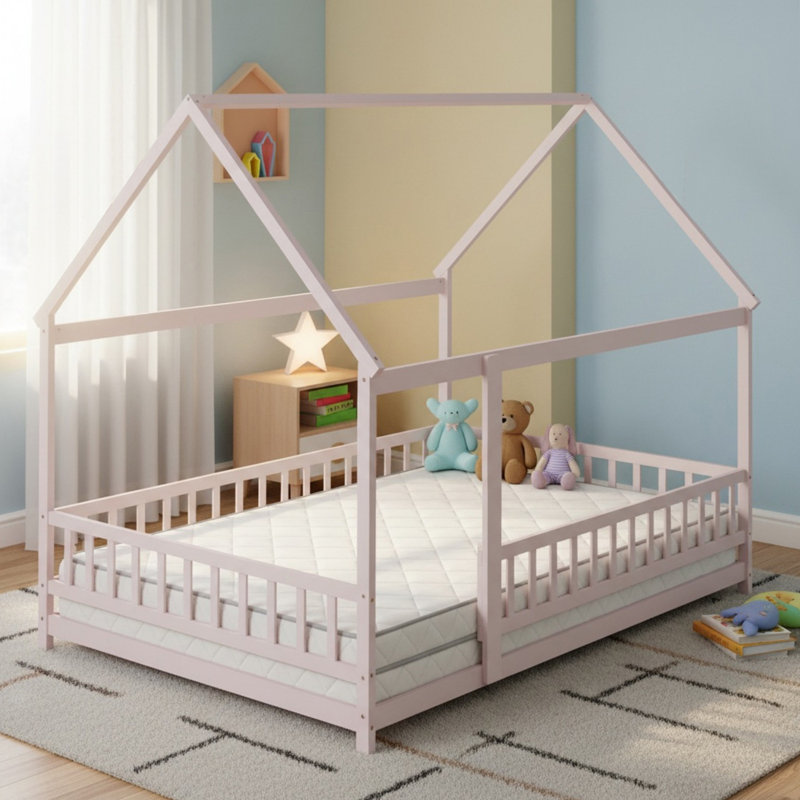 Lit pleine grandeur en bois massif avec structure de toit, lit plateforme avec barrières de sécurité pour garçons et filles