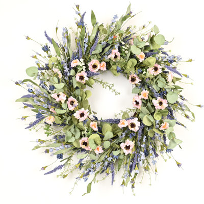 24" Artificial Farmhouse Greenery Eucalyptus Blossom Cluster Berry Lavender Daisy Spring Summer Front Door Wreath