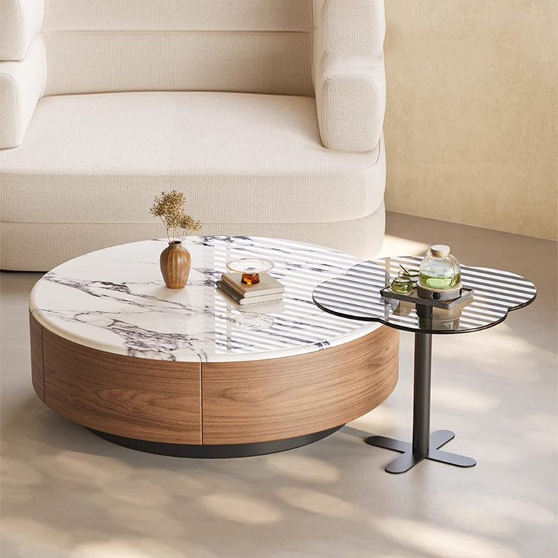 Round microcrystalline stone coffee table, Black/White/Transparent