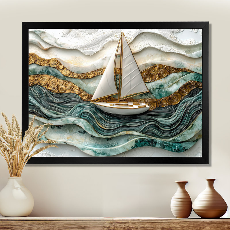 Voilier doré sur l'océan Emerald III - bateau, art mural, Reproduction d'une seule photo avec cadre, H 30 po x l 40 po, Noir