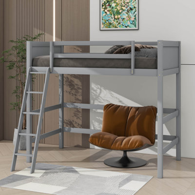 Wooden Twin Loft Bed With Embedded Climbing Ladder