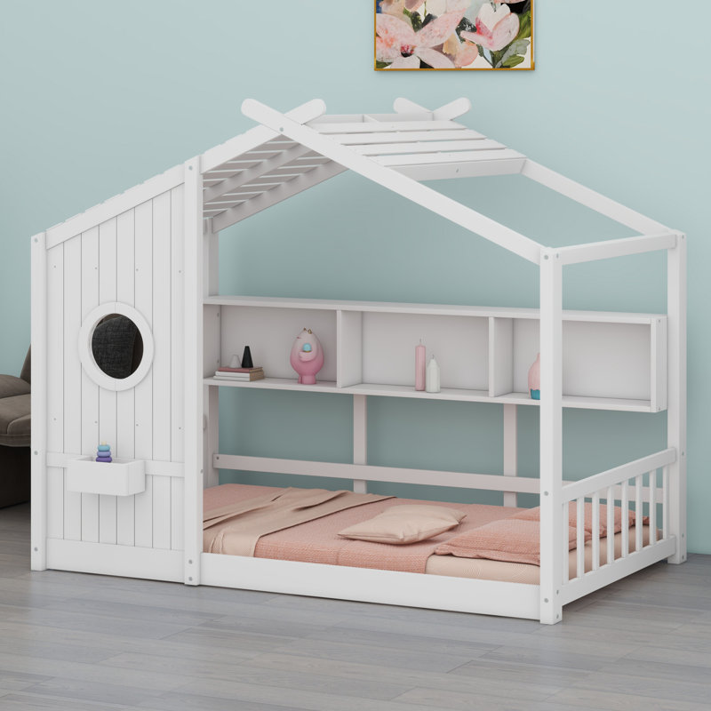 Lit sur pied pour enfant, lit Montessori pour enfants avec tablette de rangement, lit de jeu avec toit, Simple, Blanc