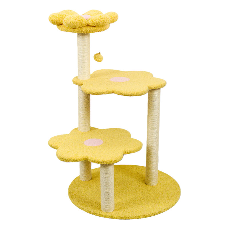 Arbre à chat Daisy à 3 niveaux avec plateformes en forme de marguerite, poteaux à griffer en sisal naturel et jouet interactif