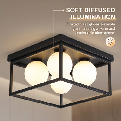 Plafonnier moderne à 4 lumières de 32 cm (12,6 po), fini noir mat avec globes en verre givré, idéal pour la chambre, la cuisine, le corridor ou l'entrée.