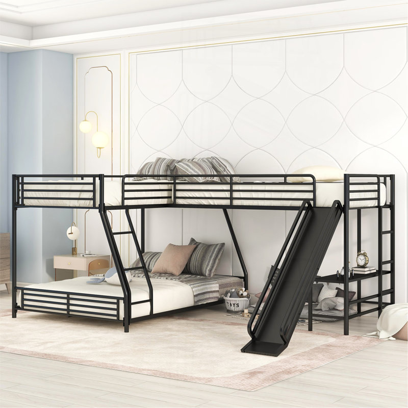 L-Shaped Twin Over Full Bunk Bed With Twin Size Loft Bed,Built-In Desk And Slide,Black