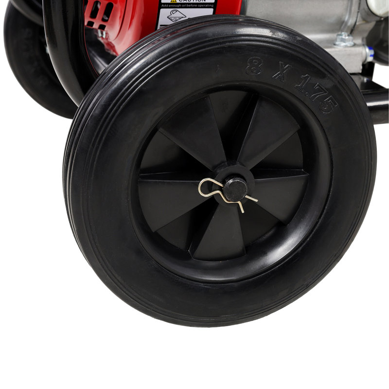 Entrée et sortie de la pompe à eau à moteur à gaz 3 po, débit: 264 gallons par minute, moteur de 7 ch, 212 CC, certifié EPA, connecteur de 3 po NPT, coupleur de 3 po à 2 po 2 en 1, tuyau de refoulement de 50 pi, tuyau d'aspiration de 12 pi, roues et poignée