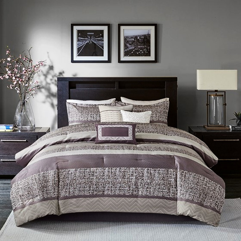 Édredon 7 pièces mauve à motif rayé, 2 taies décoratives, 1 jupe de lit, 3 ensembles de coussins décoratifs, coussins, jupe