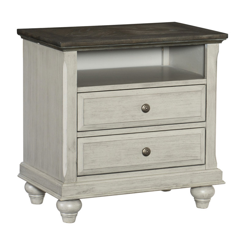 Table de bout classique à 2 tiroirs avec dessus de table de chevet gris et brun foncé avec rangement à 2 tiroirs