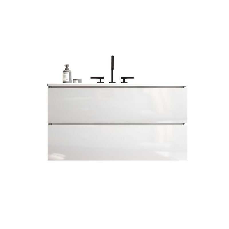 Meuble-lavabo mural blanc brillant de 36 po avec lavabo en céramique avec 3 trous de robinet, beaucoup de rangement et tiroirs silencieux
