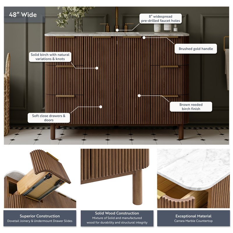 Kensington 48" Bathroom Vanity in Fluted Birch, Brown Reeded Birch