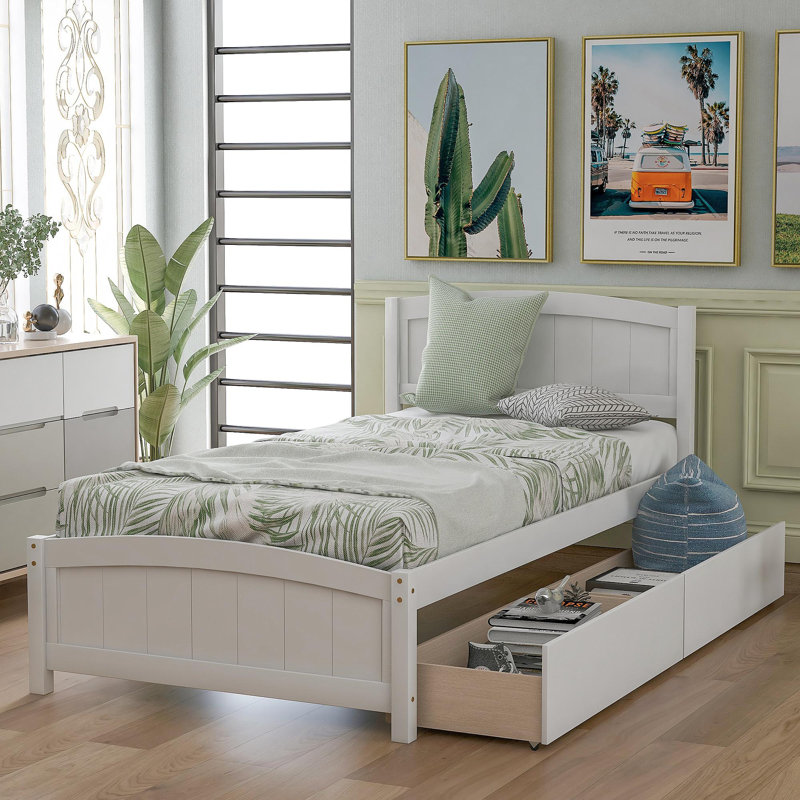 Lit plateforme simple avec deux tiroirs, Blanc