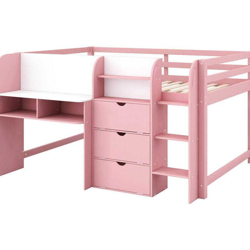 Pink Full Size Low Loft Bed With Built - In Desk, Three Storage Drawers, Open Shelves, Guardrail And Spacious Bedroom Options Bed, Pink, Cabinets, Bookcase, Whiteboard For Doodling, Easy Assembly