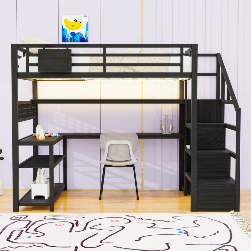 Full Loft Bed With Storage Stair, Wardrobe, L‑Shaped Desk, Shelves, LED Lights And Charging Station, Black