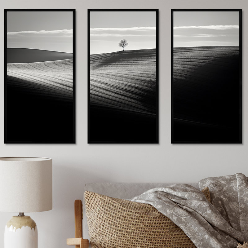 «Black and White Meadow Horizon Photo III», ensemble d'art mural sur toile, Cadre flottant noir, H 40 po x l 60 po x P 1 po
