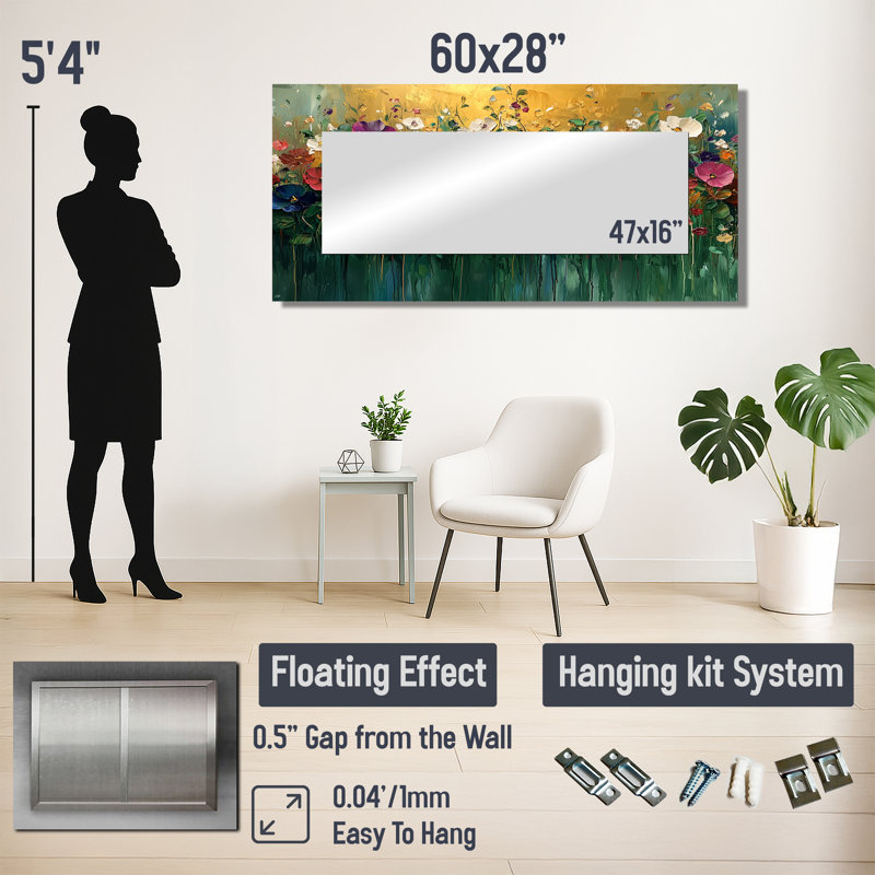 Roses et fleurs sauvages Country Bloom Field I - Art mural miroir décoratif floral - imprimé sur métal, 28 po x 60 po