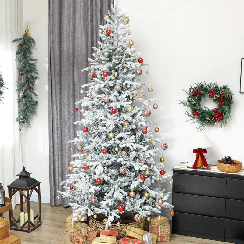 Snow Flocked Artificial Christmas Tree with Metal Stand and Hinged Branches, 7FT