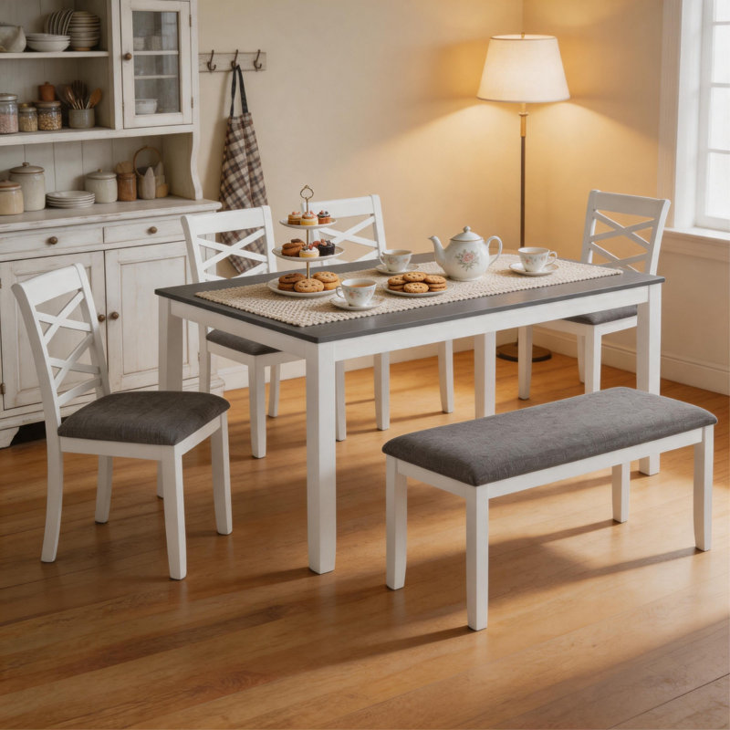 6-Piece Two-Tone Dining Set, Wood Dining Table with 4 Cross Back Chairs & Bench, Grey and White Modern Space-Saving Dinette Set for Kitchen Dining Room