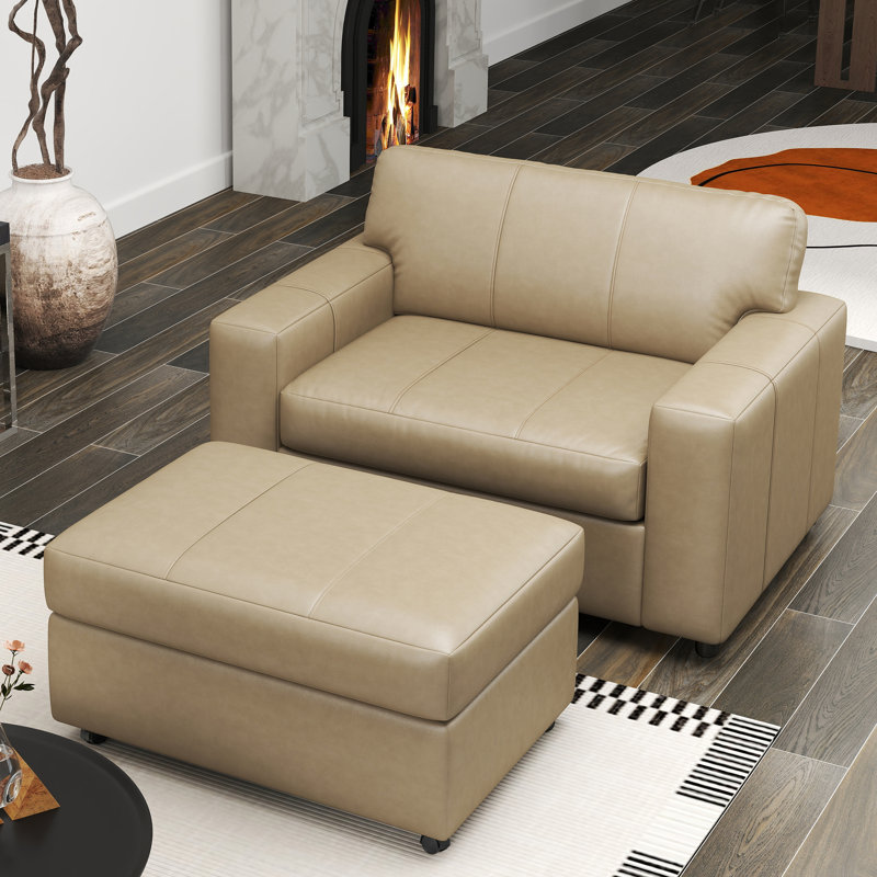 Caro Espinoza Leather Upholstered 2-Piece Living Room Set, Cutler Chair And Ottoman, Beige