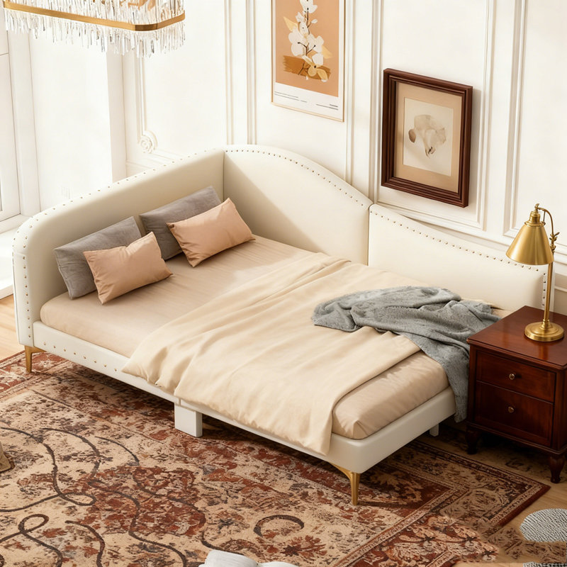 Lit de jour rembourré avec tête de lit et accoudoirs, Beige, Twin