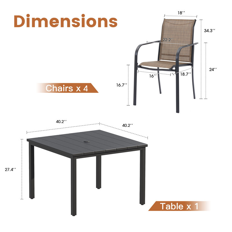 Patio dining set with Metal Square Dining Table and 4 Stackable Armrest Dining Chairs, Black/Brown