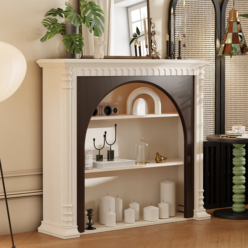 Beige + Black Solid Wood Freestanding Fireplace
