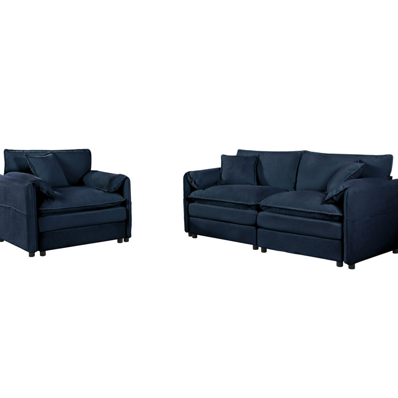 Nuage de chenille bleu 2 pièces, canapé contemporain pour espaces de vie, agencement personnalisable, froissé, siège mi-ferme, dossier rembourré, accoudoirs carrés, installation rapide