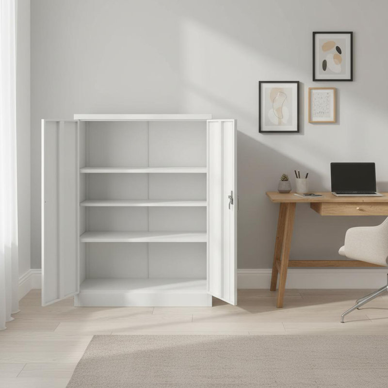 Armoire de rangement en acier laminé à froid blanc de 90 cm de hauteur, avec portes verrouillables et 2 étagères réglables, organisateur en métal résistant à la rouille pour garage, bureau et entrée.