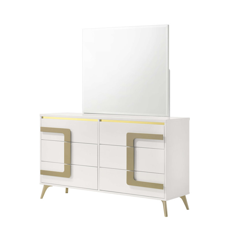 Commode double Claire à 6 tiroirs avec miroir mural assorti, meuble de rangement moderne pour chambre à coucher avec finition blanche élégante et accents dorés