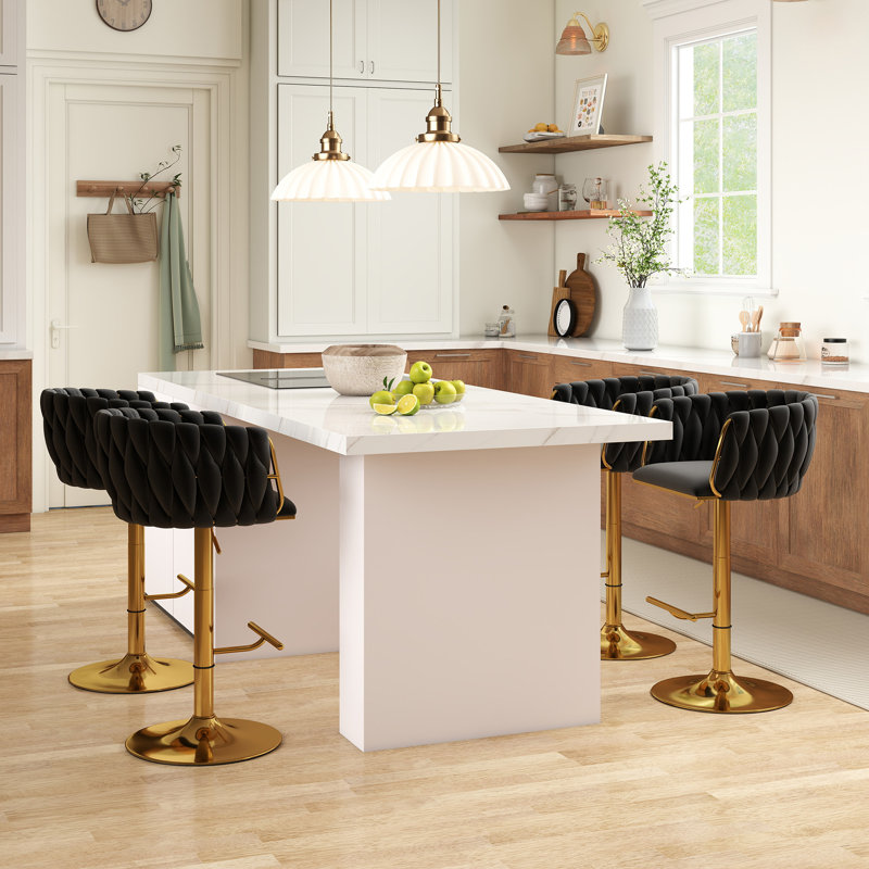 20.5" W Adjustable Height Swivel Velvet Bar Stool with Metal Base (Set of 4), Black