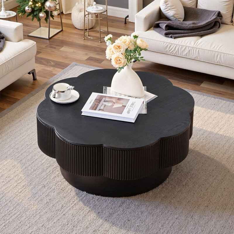 Table basse 31,5 pouces carrée moderne en forme de fleur avec placage en bois et structure en fer, Noir