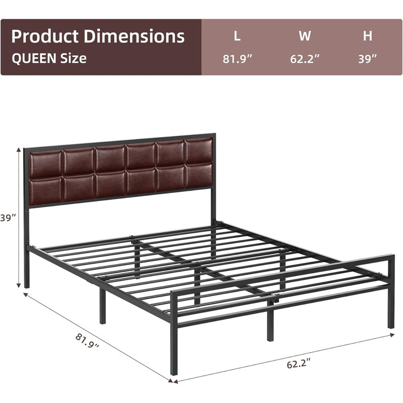 Structure de lit plateforme en métal avec tête et pied de lit, sommier avec rangement sous le lit, aucun sommier requis, grand