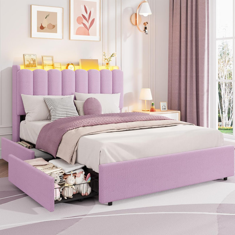 Cadre de lit simple à DEL, tête de lit avec rangement, 2 tiroirs, lit plateforme tapissier Boucle, mauve, Lit simple, Mauve