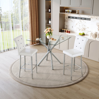 Ensemble de 2 tables de bar et tabourets de bar à hauteur fixe en verre Modern