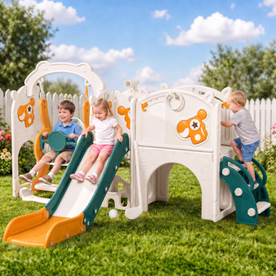 Ensemble de terrain de jeu pour enfants 13-en-1 avec glissade et balançoire, structure de jeu pour tout-petits, ensemble de jeu intérieur et extérieur avec glissoire de protection complète