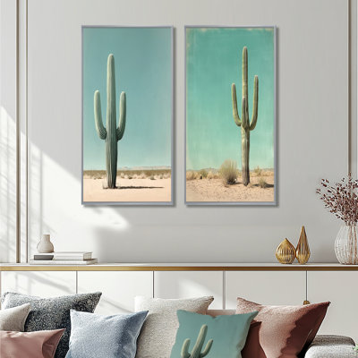 Cactus minimaliste et ciel du désert I - Collection d'art floral sur toile 2 panneaux