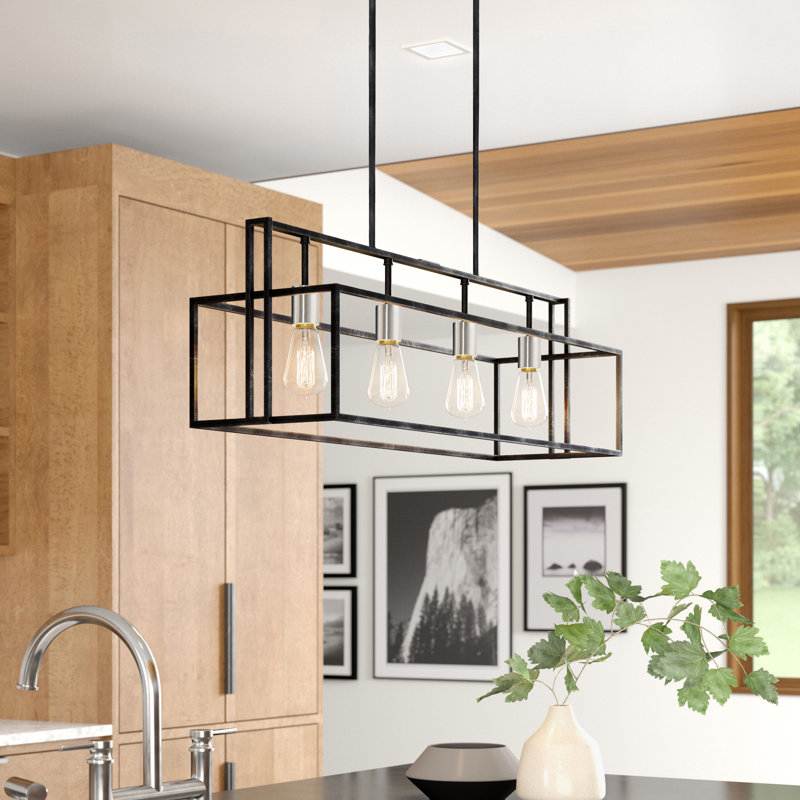 Luminaire suspendu géométrique à 4 lumières pour îlot de cuisine Larchmont, Fer noir / Nickel brossé