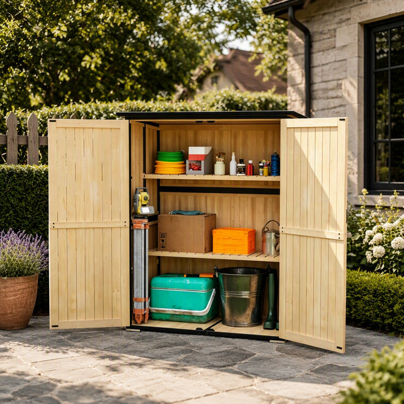 Remise de rangement robuste en bois pour l'extérieur avec tablettes réglables et toit en asphalte durable pour une organisation sécuritaire du jardin