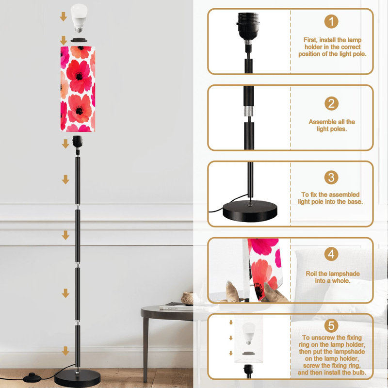 Lampe sur pied sans soudure à la main dessinant des fleurs sauvages des éléments floraux colorés Lampe sur pied moderne à intensité variable avec télécommande Pédale abat-jour abat-jour Lampe de coin pour le salon Chambre Bureau
