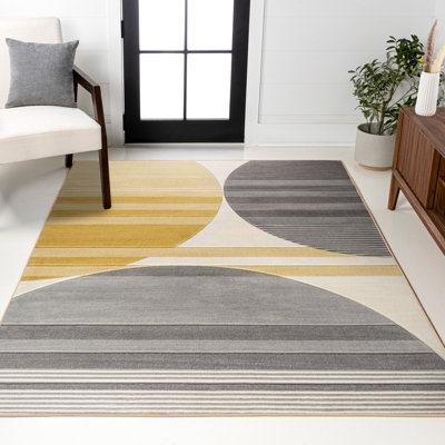 Ascher Geometric Striped Circles Gray/Yellow/Cream Rug