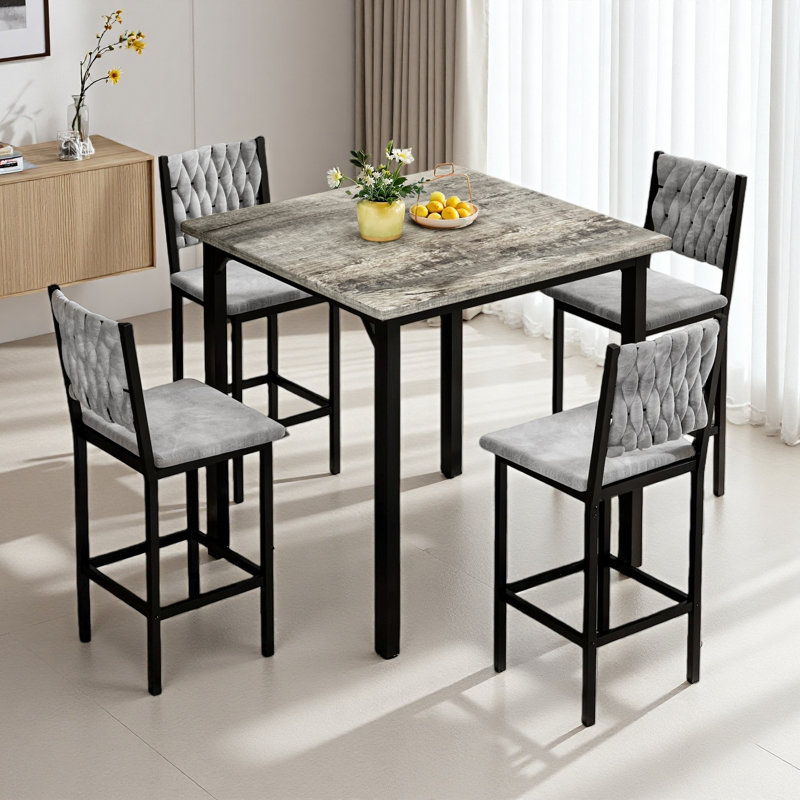 Ensemble de table de salle à manger 5 pièces avec table à hauteur de comptoir et 4 tabourets de bar, ensemble de salle à manger de cuisine moderne en faux marbre avec chaises rembourrées, ensemble de salle à manger compact pour petits espaces