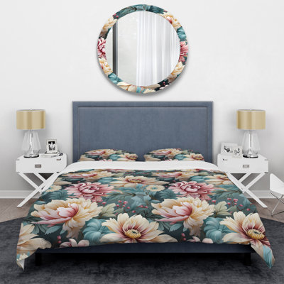 Blue And Pink Pastels Peonies Flowers Accent II Polyester Floral Duvet Cover Set