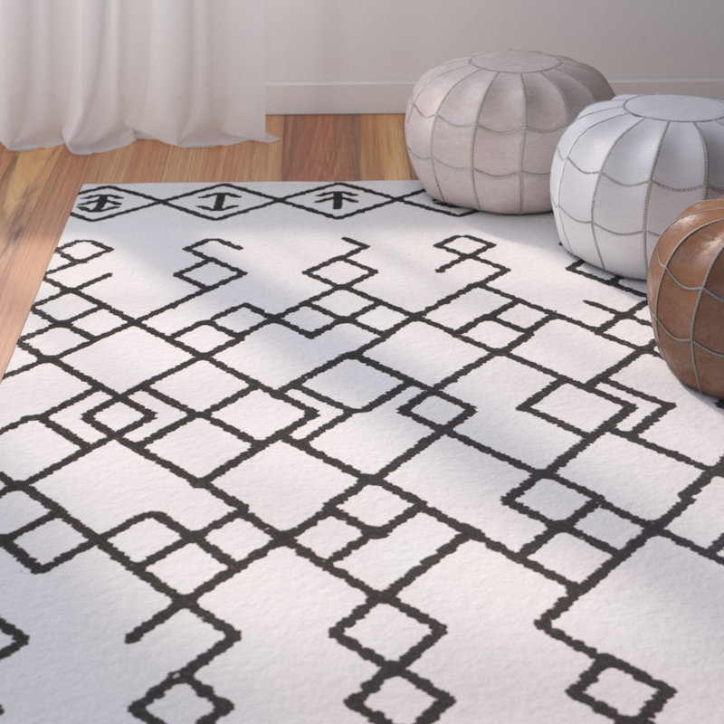 Burrell Cotton Ivory/Black Area Rug, Rectangle 8' x 10'