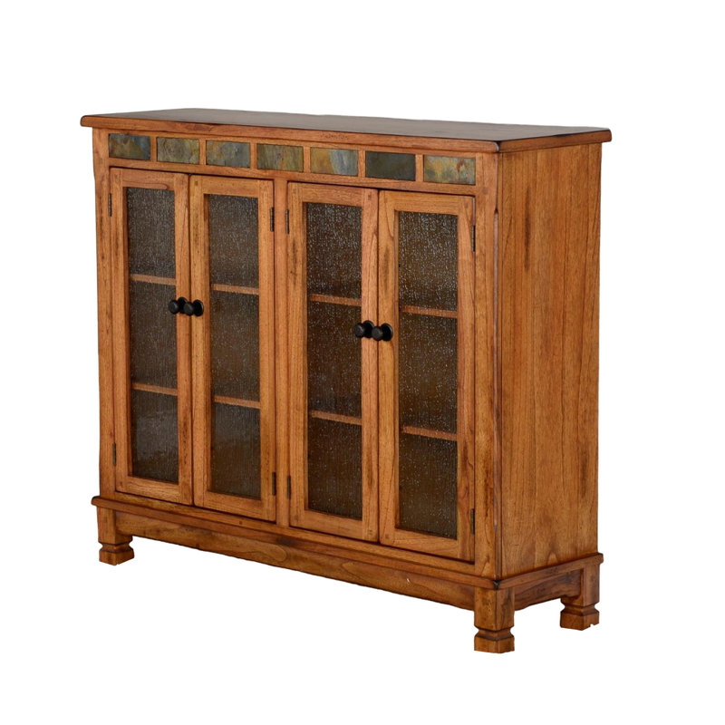 Marv Bookcase Cabinet, 4 Waterfall Glass Doors Slate Inlay, Black/Brown