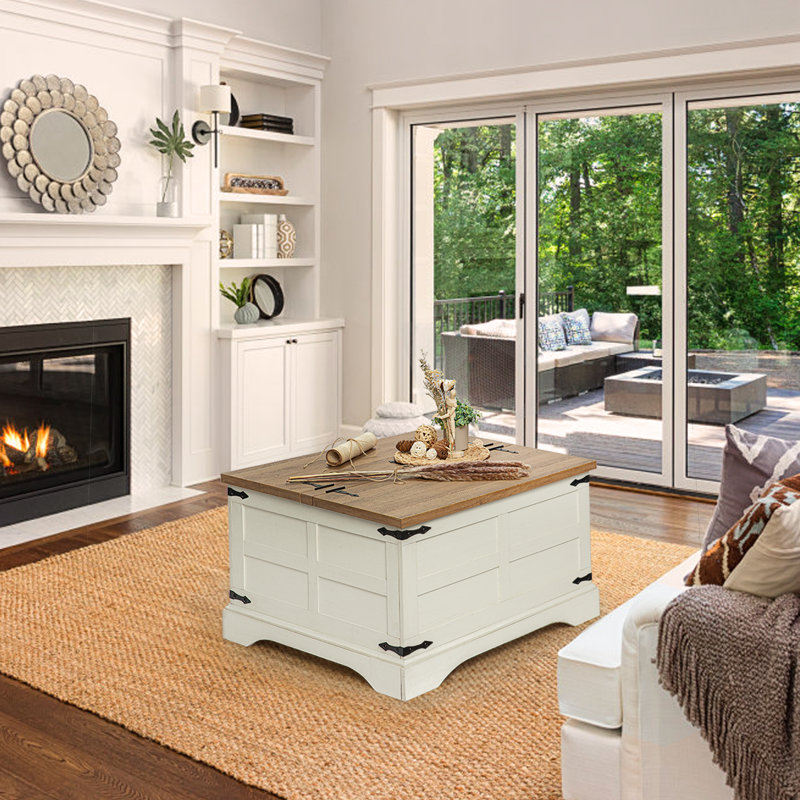 Table basse de rangement carrée avec plateau relevable à charnière de 31,5 po Curnow, Bois naturel / blanc