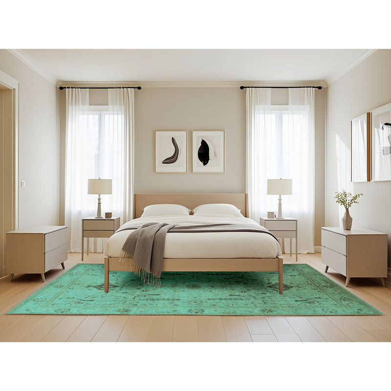 Tapis oriental en laine / polyester tissé à la machine en turquoise, Rectangle 5 pi x 8 pi