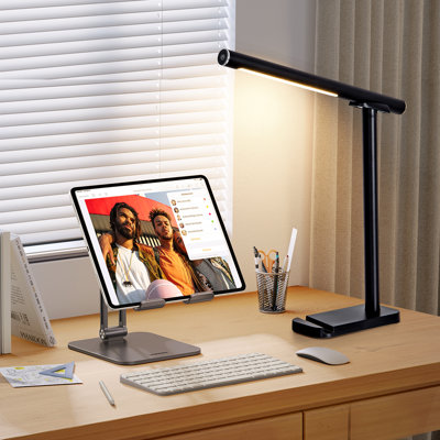 Lampe de bureau noire sans fil à DEL, commande tactile à intensité variable rechargeable avec support pour téléphone
