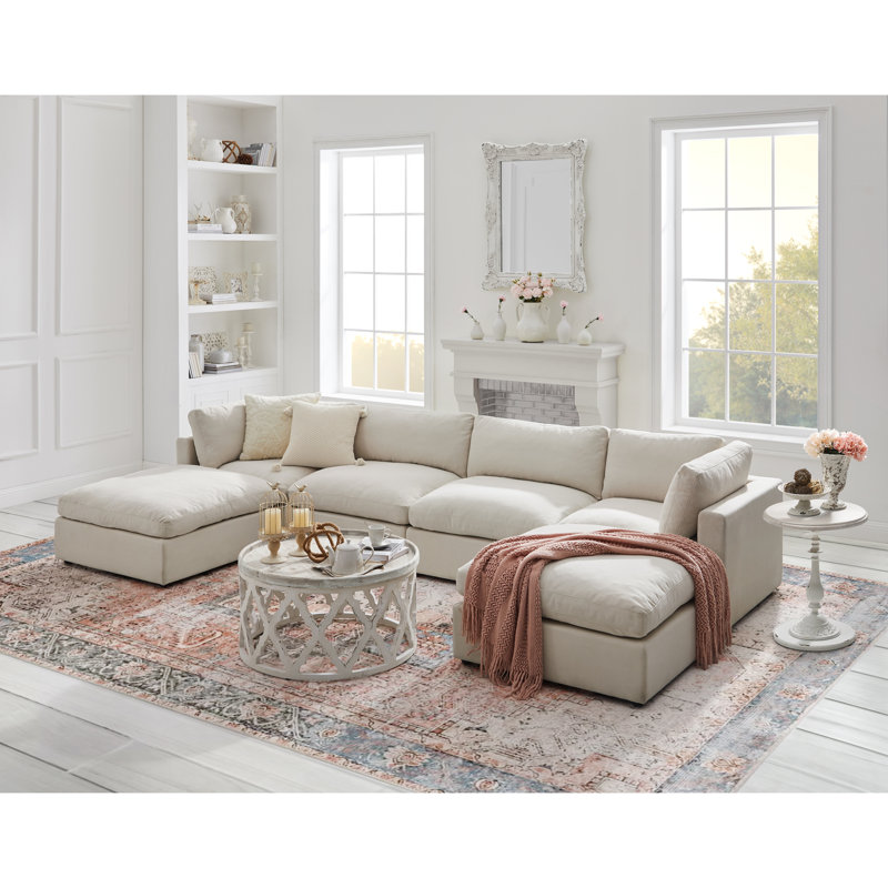 Grand canapé modulaire en lin Shabby Elegance, blanc crème