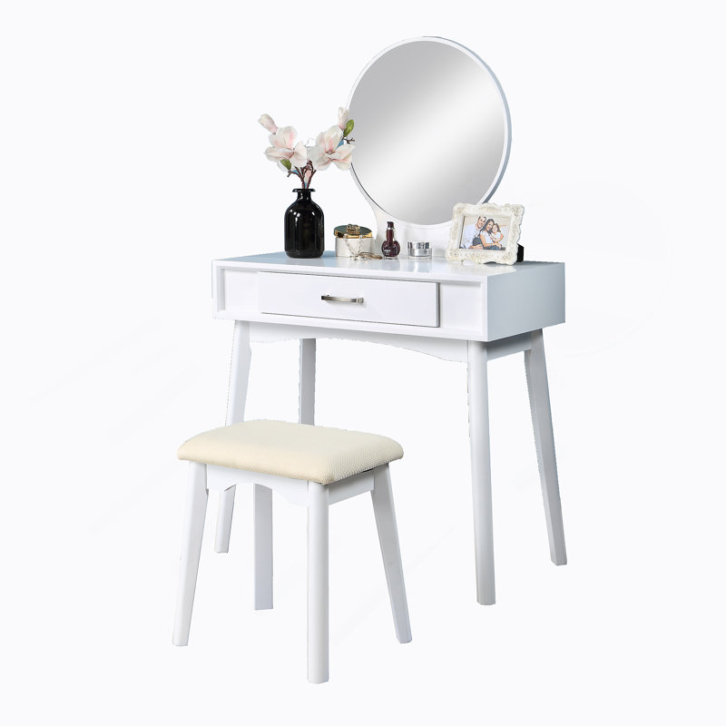 Ensemble coiffeuse et tabouret contemporain en bois, Blanc