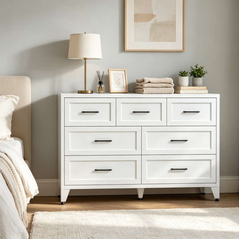 Commode basse en acier blanc de style ferme moderne, 7 tiroirs, 47,3 po de largeur, pour chambre à coucher, Blanc